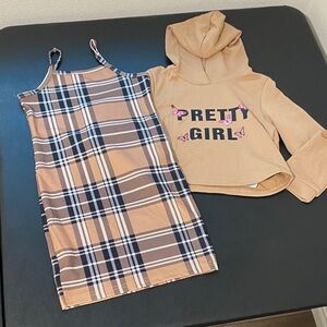 Girls Youth Plaid Dress and Tan Hoodie Set